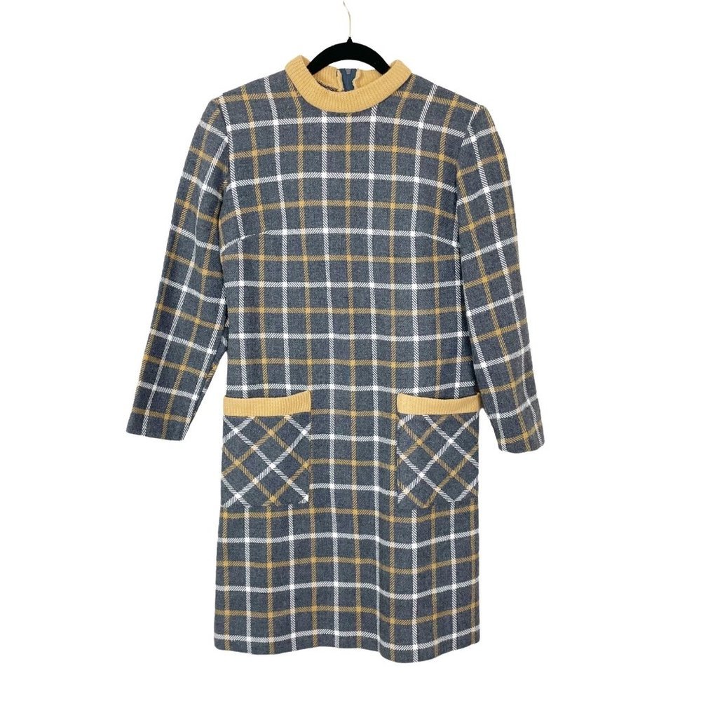 Vintage 1960s‎ Joan Curtis Woman's Sz S Gray and Yellow Wool Plaid School Dress